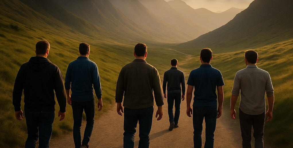 7-Day Reset Men beginning down a valley path at sunrise—start of a new chapter.